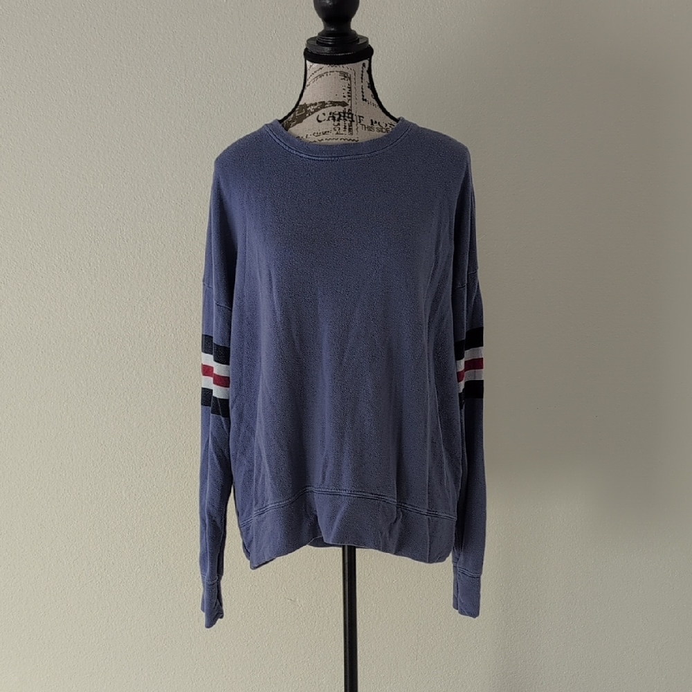 Sundry Women's Blue Crewneck Sweater with Stripe Accents